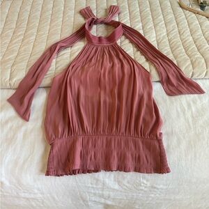 Ramy Brook silk high neck halter blouse with smocked waist. Size small. Pink